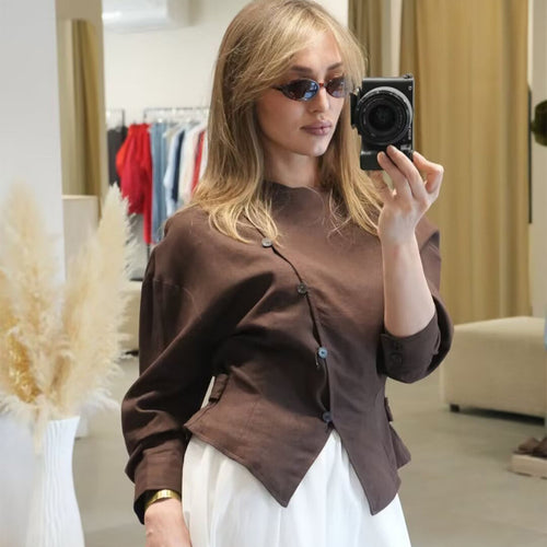 Damen Asymmetrische taillierte Blusenjacke aus Leinen mit diagonalem Knopfverschluss Echoarchiv