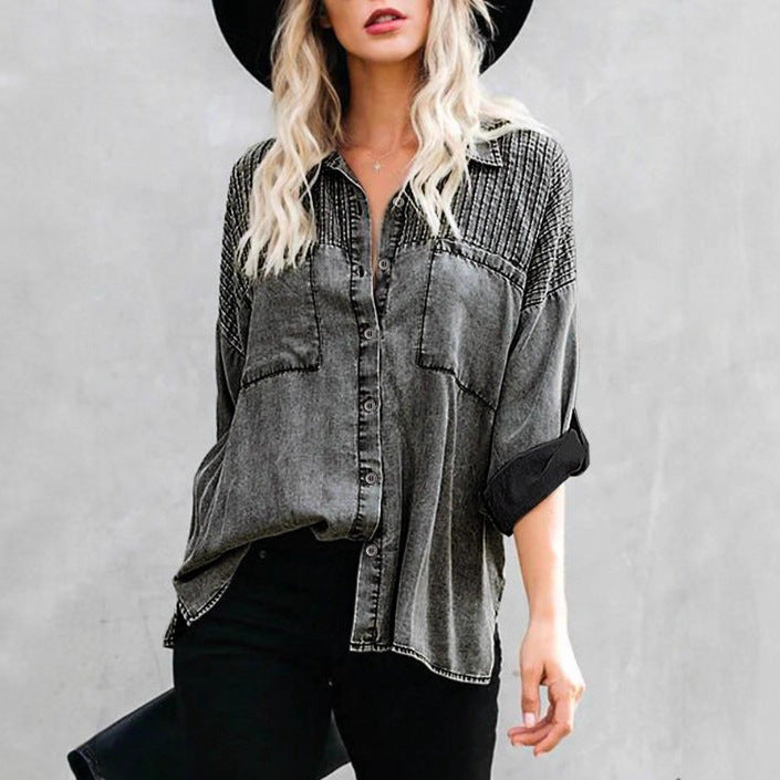 Damen Oversize-Denimbluse mit gesteppter Passe, Knopfleiste und aufgesetzten Brusttaschen Echo Archiv
