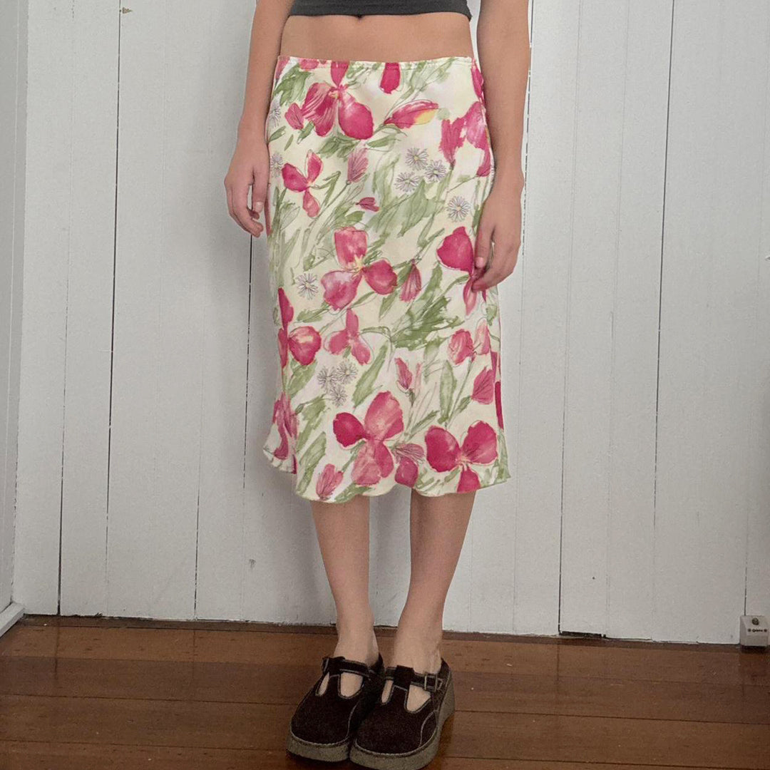 Damen nan ausgestellter Midirock mit floralem Aquarelldruck und hoher Taille Echo Archiv