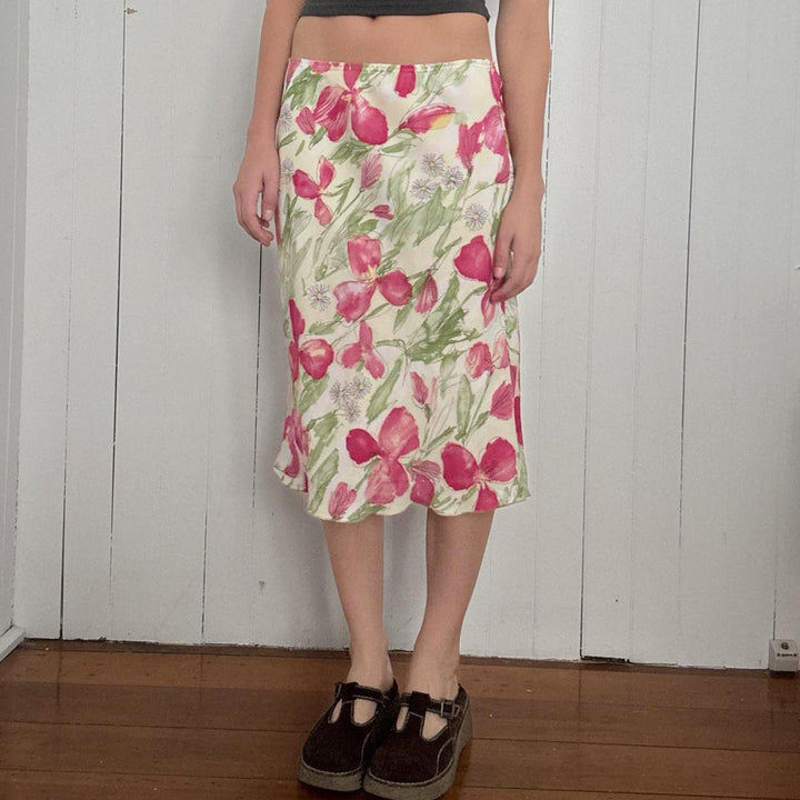 Damen nan ausgestellter Midirock mit floralem Aquarelldruck und hoher Taille Echo Archiv