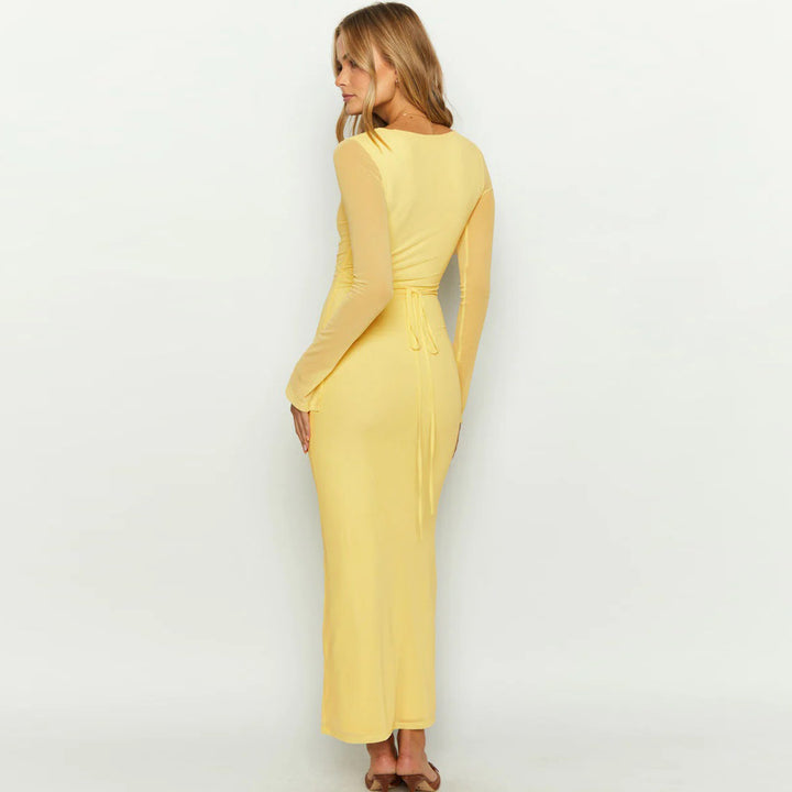 Damen elegantes Maxikleid mit tiefem V-Ausschnitt und transparenten Ärmeln Echo Archiv
