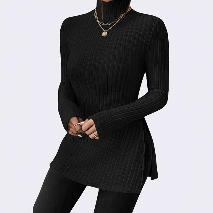 Damen Figurschmeichelnder gerippter Rollkragen-Longpullover mit Seitenschlitzen Echoarchiv