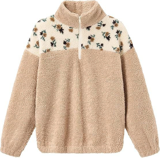 Damen Teddy-Fleece-Pullover mit Stehkragen, floralem Besatz und halbem Reißverschluss Echoarchiv
