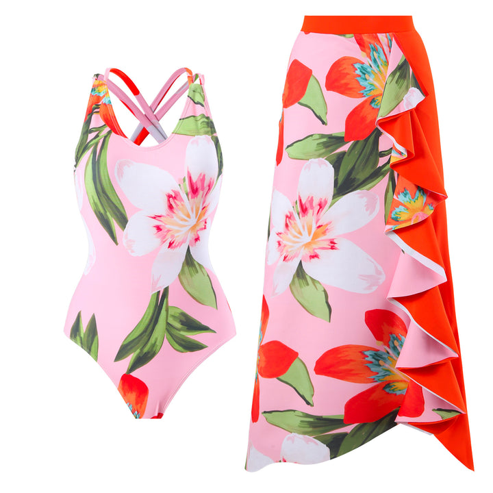 Damen Badeanzug-Set mit floralem Wickelrock und modernem Rüschendesign Echo Archiv