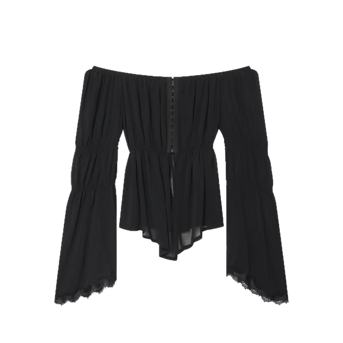 Damen Schulterfreies Chiffon-Top mit Carmen-Ausschnitt, geraffter Taille und voluminösen Volantärmeln Echoarchiv