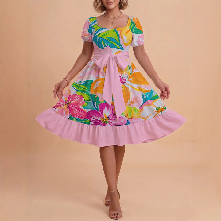 Damen Sommerkleid mit floralem Puffärmel und taillierbarem Gürtel Echo Archiv