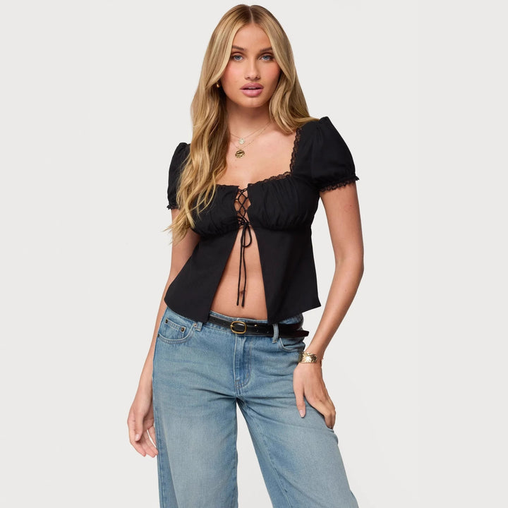 Damen Crop-Oberteil mit Spitzenbesatz und Schnürdetail Echo Archiv
