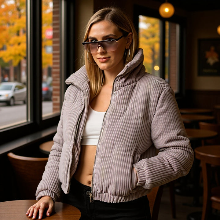 Damen Gepolsterte Cord-Steppjacke mit Stehkragen und elastischem Saum Echo Archiv