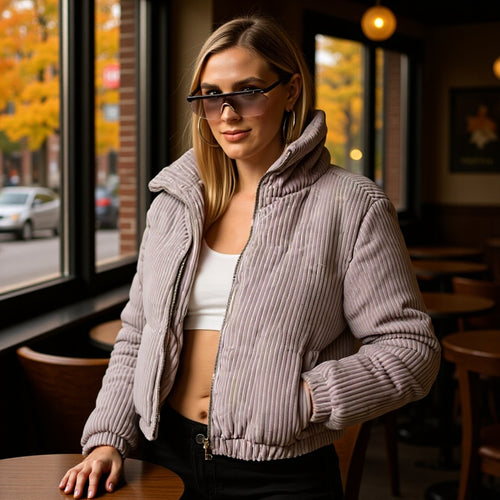 Damen Gepolsterte Cord-Steppjacke mit Stehkragen und elastischem Saum Echo Archiv