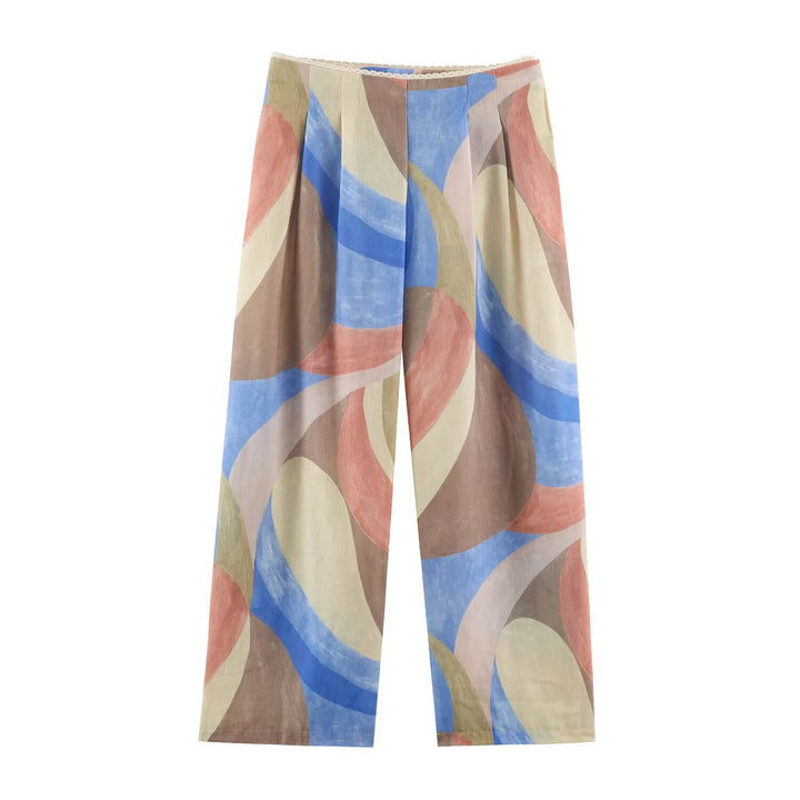 Damen Weite Palazzohose mit abstraktem Aquarellprint und elastischem Bund Echo Archiv