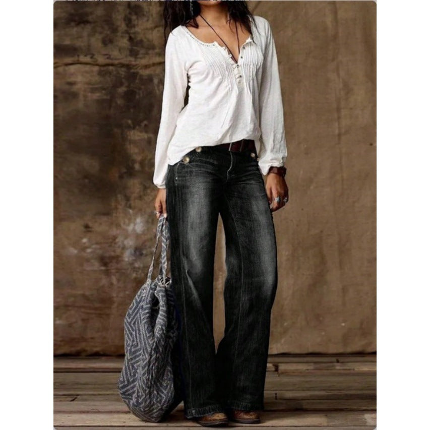 Damen Weite Vintage-Jeanshose mit hoher Taille und Used‑Waschung Echo Archiv