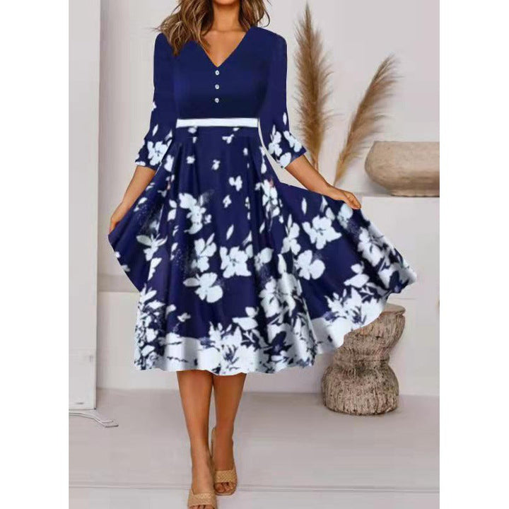 Damen V-Ausschnitt Midi-Kleid mit fließendem Rock und floralem Ärmeldesign Echoarchiv
