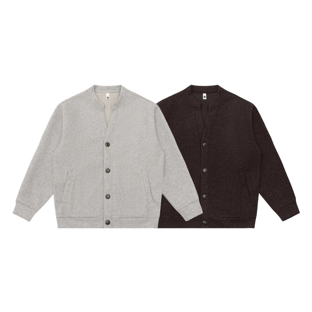 Unisex Kurzgeschnittene Strickjacke im Boxy‑Bomberstil mit Stehkragen und Knopfleiste Echoarchiv