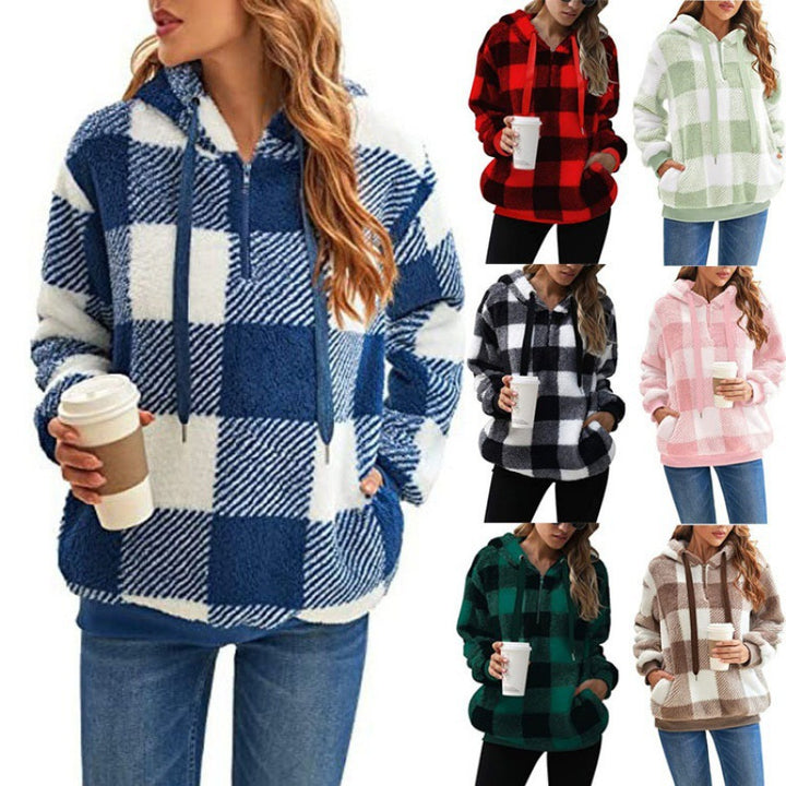 Damen Oversized Sherpa-Hoodie im Karomuster mit halbem Reißverschluss und Kängurutasche Echo Archiv