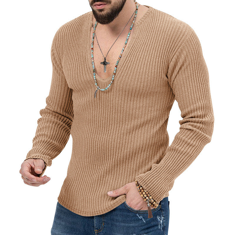 Herren Langarm-Rippenpullover mit tiefem V-Ausschnitt und modernem Schnitt Echoarchiv