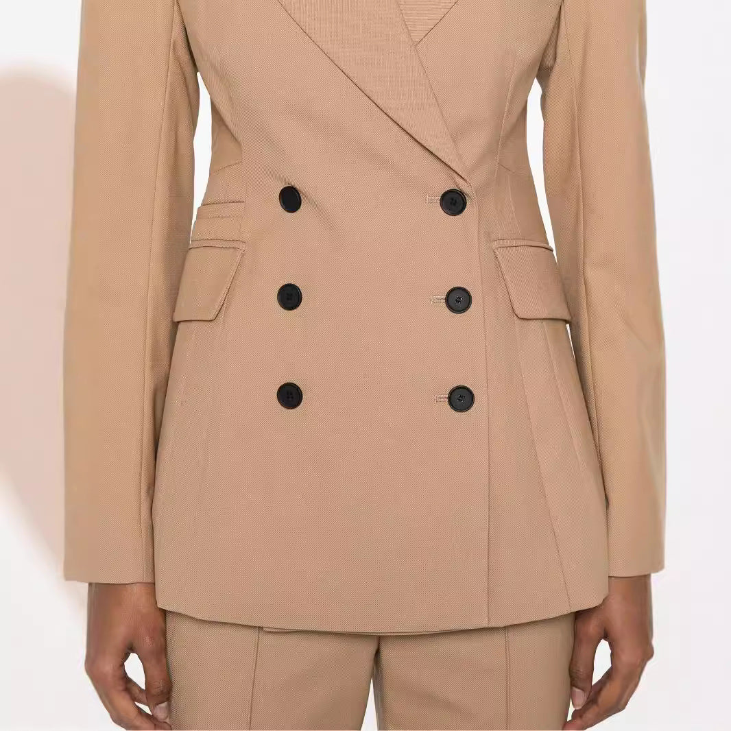 Damen Zweiteiliges tailliertes Doppelreihiges Blazer‑Hosenanzug mit ausgestellter Palazzohose Echoarchiv
