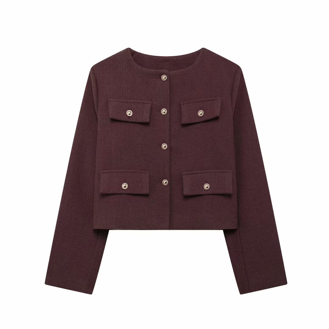 Damen Bouclé-Cropped-Jacke mit vier Pattentaschen und goldenen Schmuckknöpfen Echo Archiv