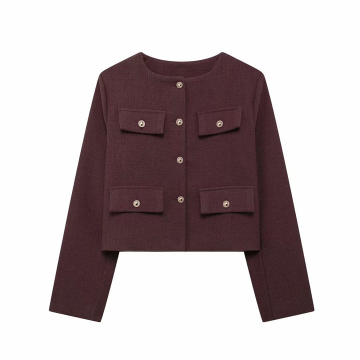 Damen Bouclé-Cropped-Jacke mit vier Pattentaschen und goldenen Schmuckknöpfen Echo Archiv