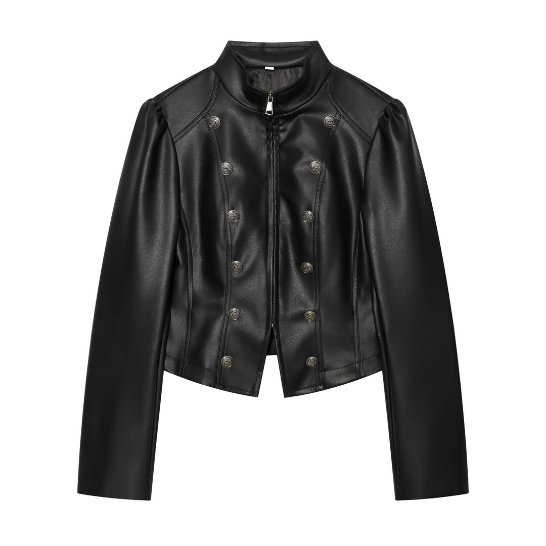 Damen kurzes Kunstleder-Doppelreihenjacke mit Stehkragen und Puffärmeln – Célinea