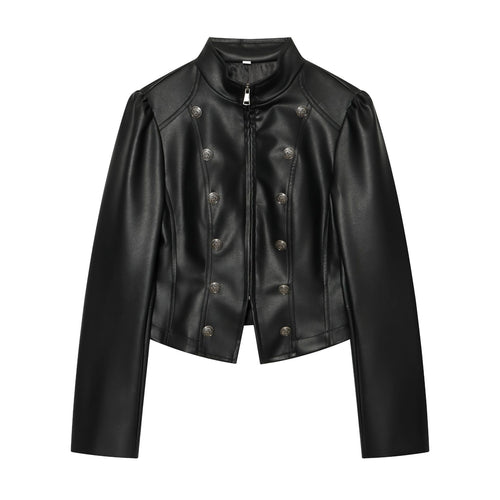 Damen kurzes Kunstleder-Doppelreihenjacke mit Stehkragen und Puffärmeln – Célinea