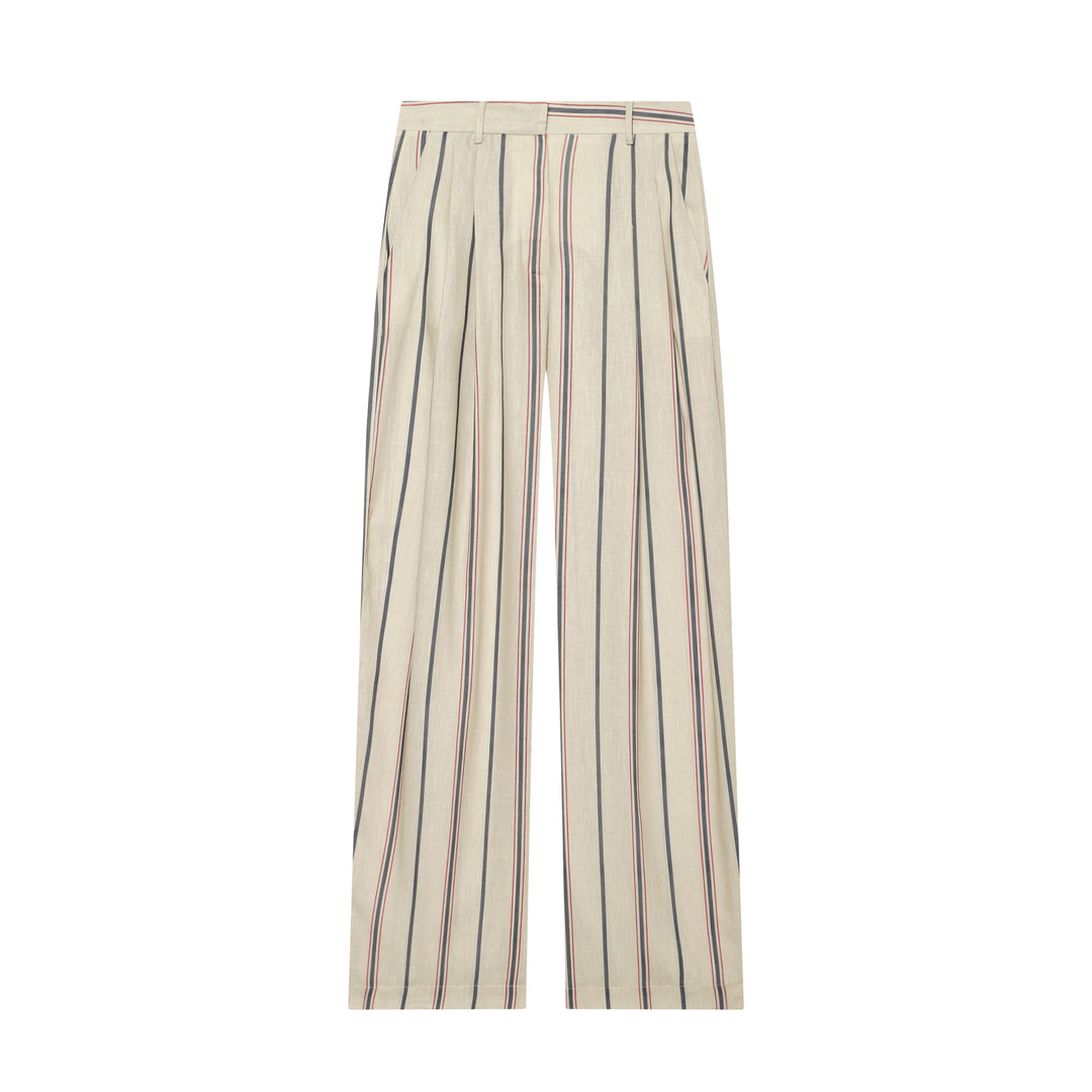 Damen Weite Leinenhose mit Bundfalten, hohem Bund und Längsstreifen Echoarchiv