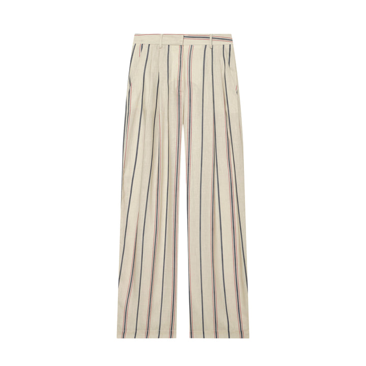 Damen Weite Leinenhose mit Bundfalten, hohem Bund und Längsstreifen Echoarchiv