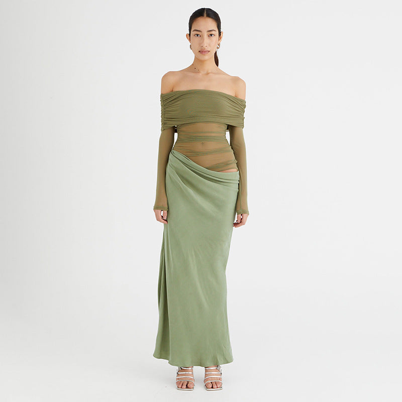Damen Maxikleid mit schulterfreiem Design und fließendem Stoff Echo Archiv