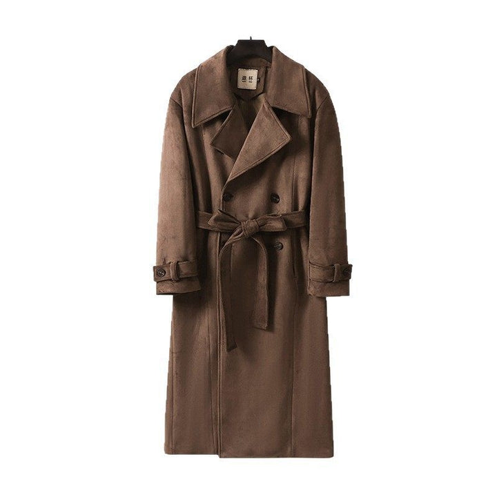 Herren Maxilanger Trenchcoat aus Velourslederoptik mit Doppelreihe und Taillenband Echoarchiv