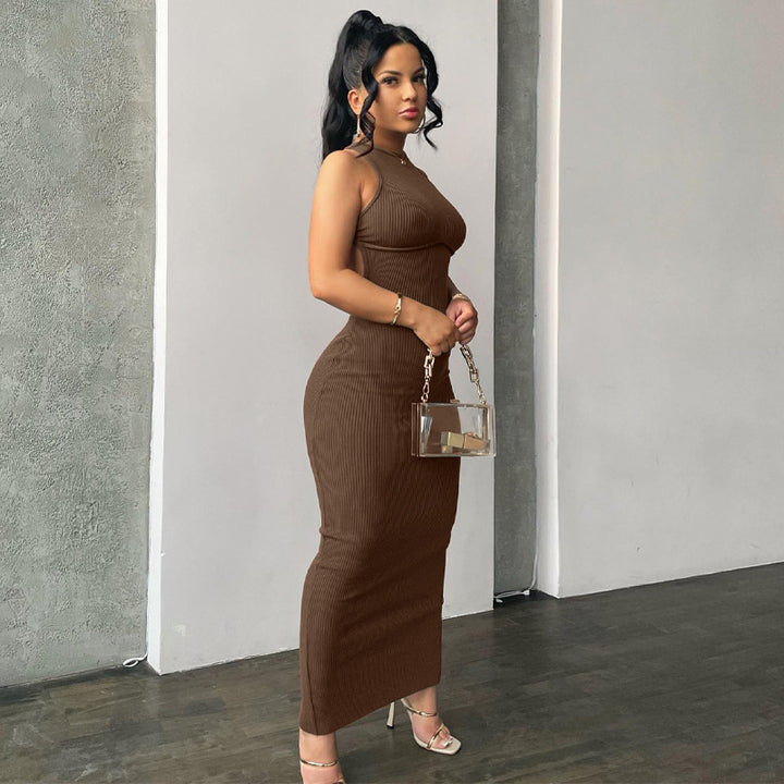 Damen körpernahes Strick-Maxi-Kleid mit raffiniertem Ausschnitt und langen Trägern Echo Archiv