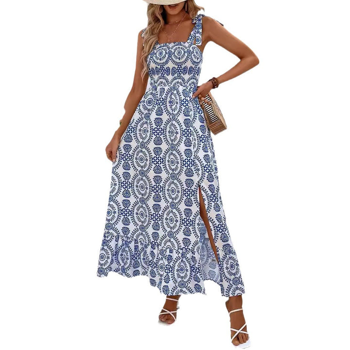 Damen Maxikleid mit Smok-Bustier, Bindeträgern und seitlichem Beinschlitz – Valéora