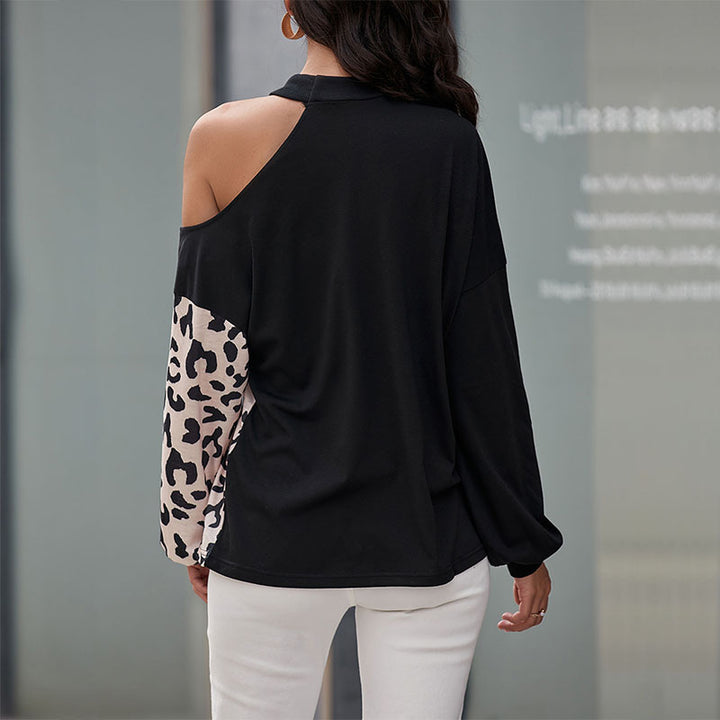 Damen Schulterfreies Sweatshirt mit Leoparden-Panel und Stehkragen Echoarchiv