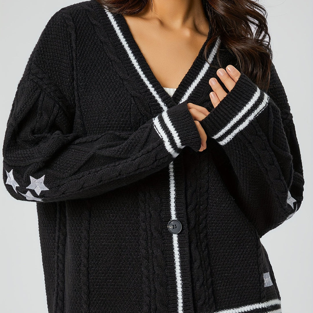 Damen nan oversized Zopfstrick Cardigan mit V-Ausschnitt und kontrastierenden Strickkanten Echo Archiv