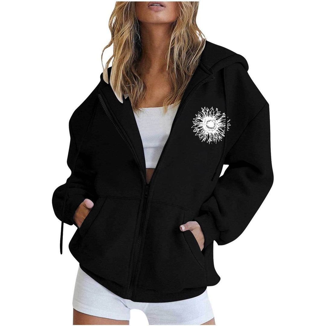 Damen oversized Kapuzenjacke mit Frontreißverschluss, Kängurutaschen und stilisiertem Sonnenblumenprint – Auréline