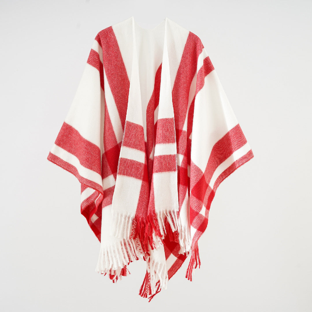 Damen Weichfallender Capeponcho aus Wollmix mit Blockkaro und Fransensaum Echo Archiv