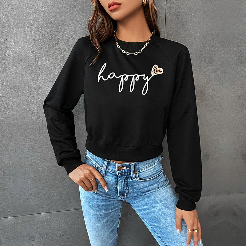 Damen Cropped-Sweatshirt mit Script-Print, Herz-Applikation und Raglanärmeln Echoarchiv