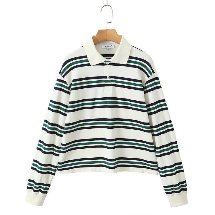 Damen Lässiges Langarm-Poloshirt mit Streifenmuster und Rippbündchen Echo Archiv