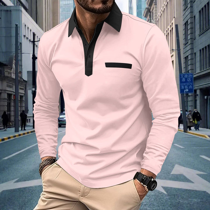 Herren Langarm Poloshirt mit modernem Stehkragen und raffiniertem Kontrastdesign Echoarchiv