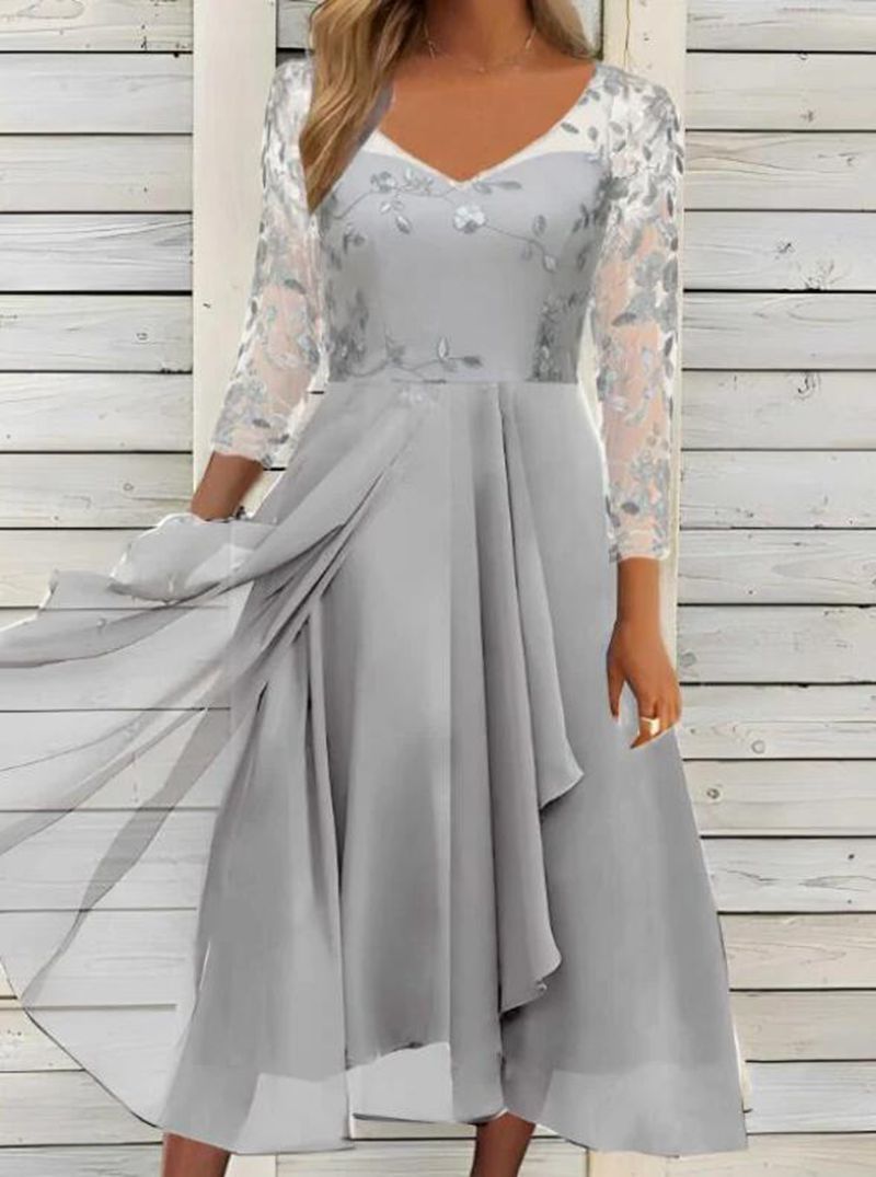 Damen nan elegantes Midikleid mit besticktem Tülloberteil, transparenten Dreiviertelärmeln und mehrlagigem Drapé-Rock Echo Archiv