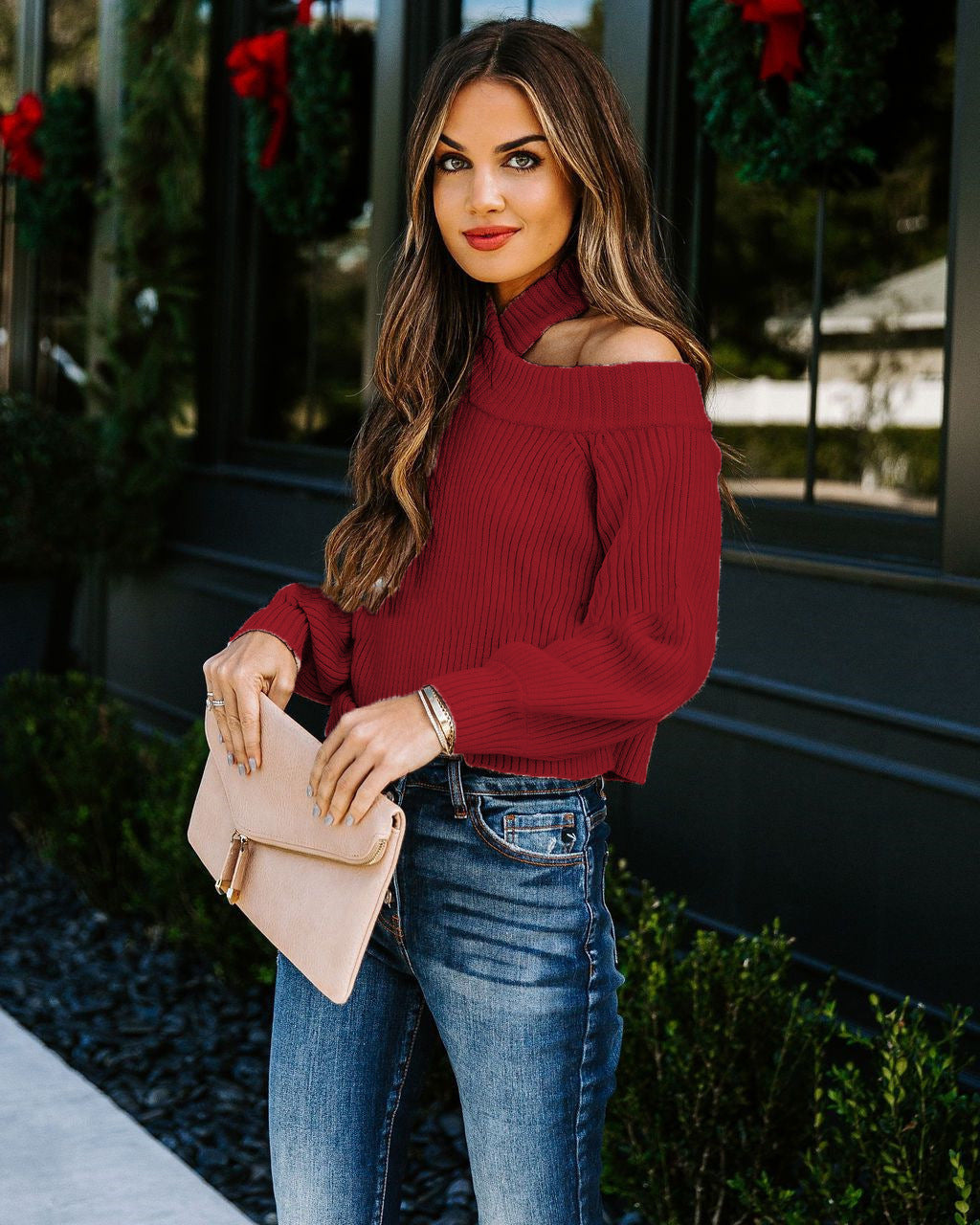 Damen Gerippter Cropped-Strickpullover mit Stehkragen und Schultercutout Echoarchiv