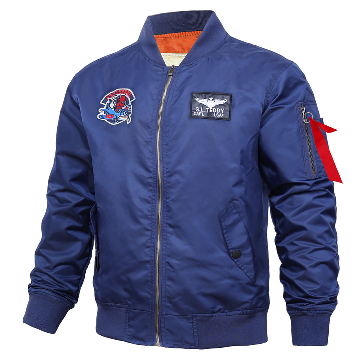Men's retro pilot-inspired flight jacket with embroidered crest, sleeve zipper utility pocket and contrast quilted lining – Brevano