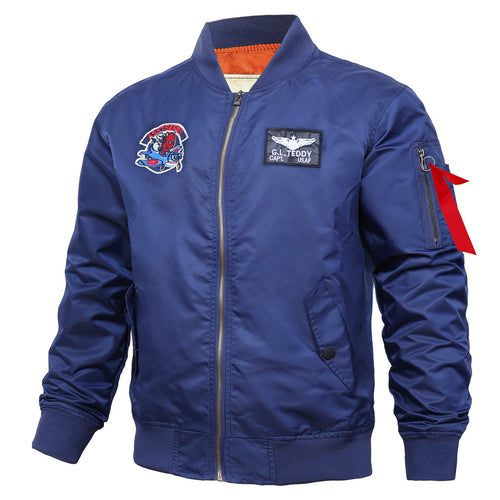 Men's retro pilot-inspired flight jacket with embroidered crest, sleeve zipper utility pocket and contrast quilted lining – Brevano