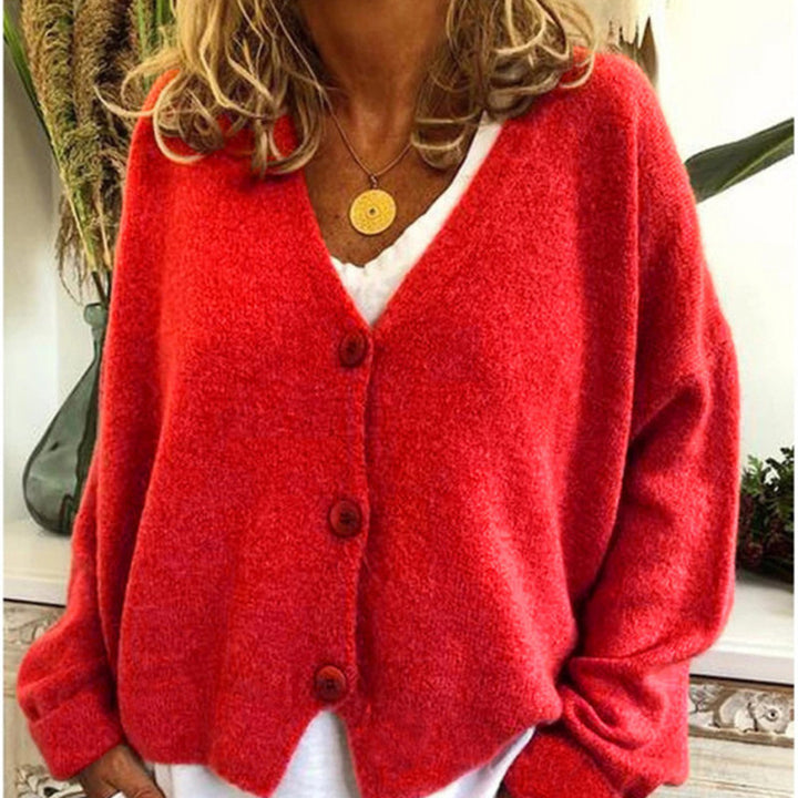 Damen lässiger Strickcardigan mit tiefem V-Ausschnitt und großen Knöpfen Echoarchiv