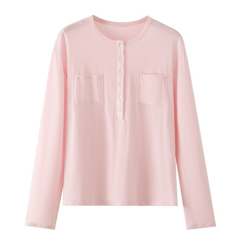 Damen Langarm-Henleyshirt aus Baumwollmix mit Rundhalsausschnitt, Brusttaschen und lockerer Passform Echo Archiv