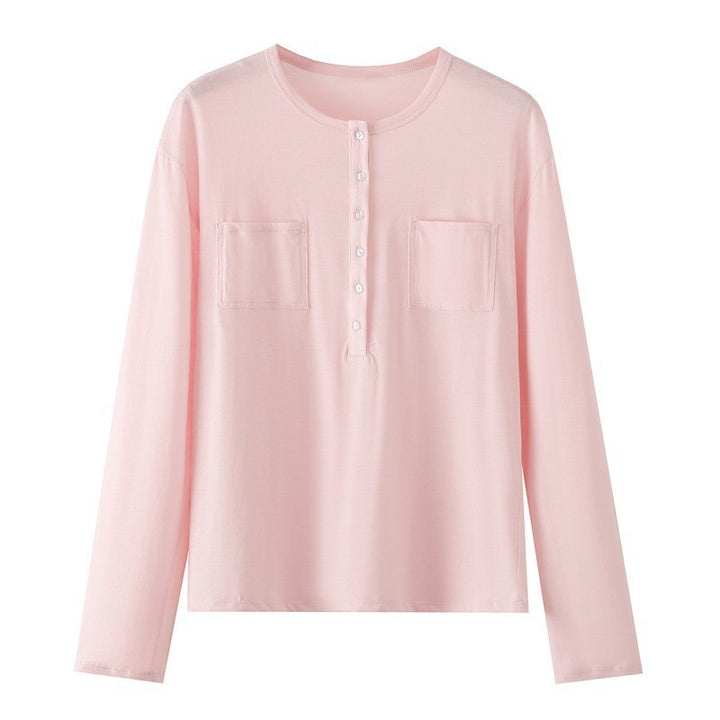 Damen Langarm-Henleyshirt aus Baumwollmix mit Rundhalsausschnitt, Brusttaschen und lockerer Passform Echo Archiv