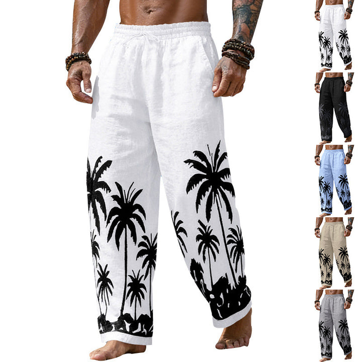 Herren Lässige weite Leinenhose mit elastischem Bund und tonalem Palmenprint – Sorevano