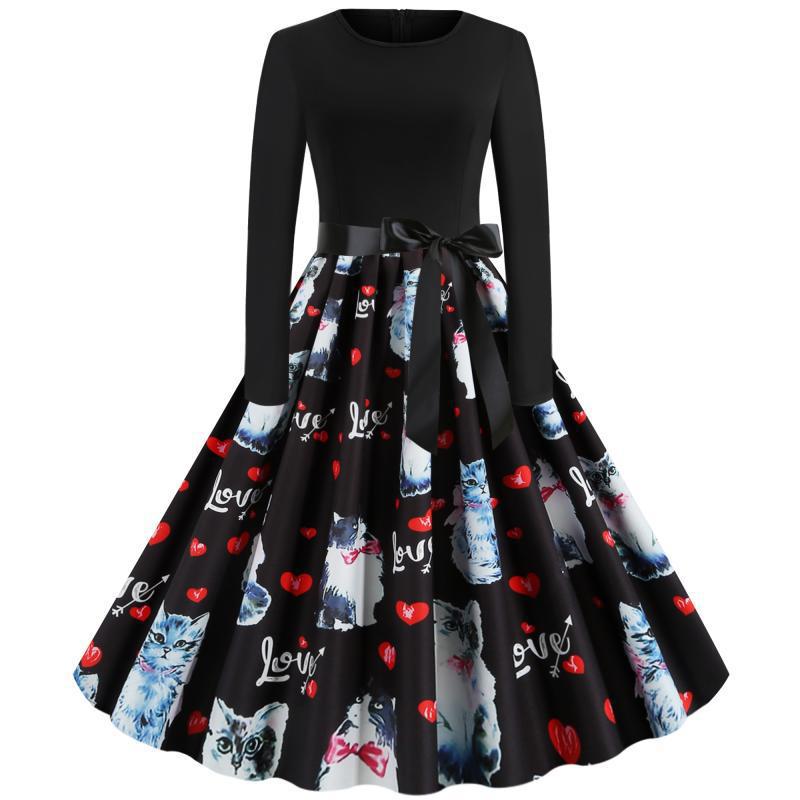 Damen Tailliertes Vintage-Swingkleid mit Satin-Taillenschleife, Langarm-Oberteil und printetem Tellerrock – Élara