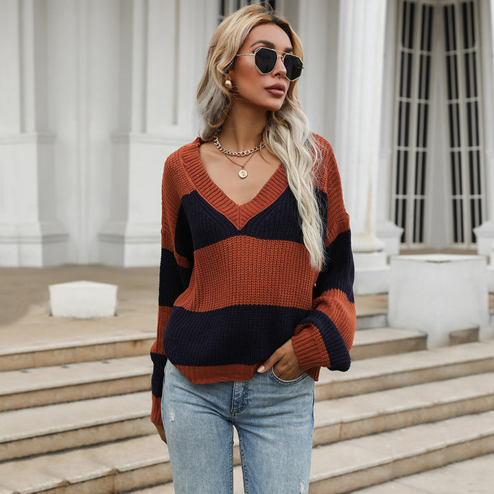 Damen Oversize-Chunky-Strickpullover mit schulterfreiem Fall, breiten Blockstreifen und geripptem Saum Echoarchiv