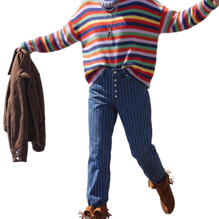 Damen Gestreifter Strickpullover mit Polokragen & Knopfleiste Echoarchiv