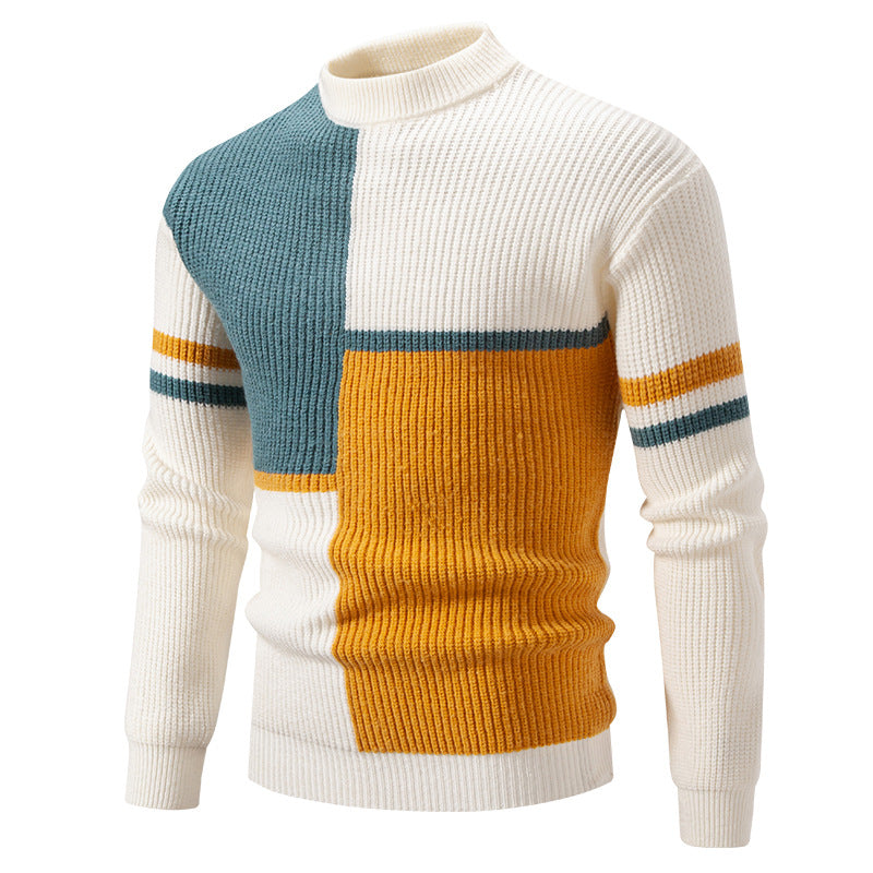 Herren Grobstrick-Pullover mit Stehkragen und kontrastierendem Blockstreifenmuster Echo Archiv