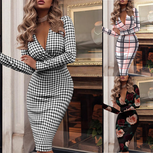 Damen Figurbetontes Wickel‑Midikleid mit tiefem V‑Ausschnitt und Rosenprint – Élara